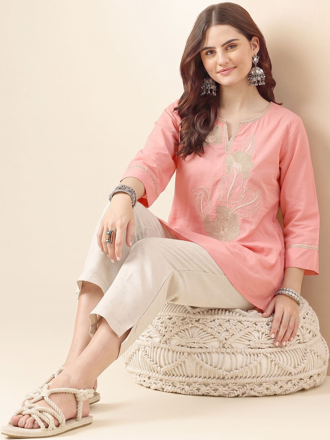 Floral Embroidered V-Neck Kurti