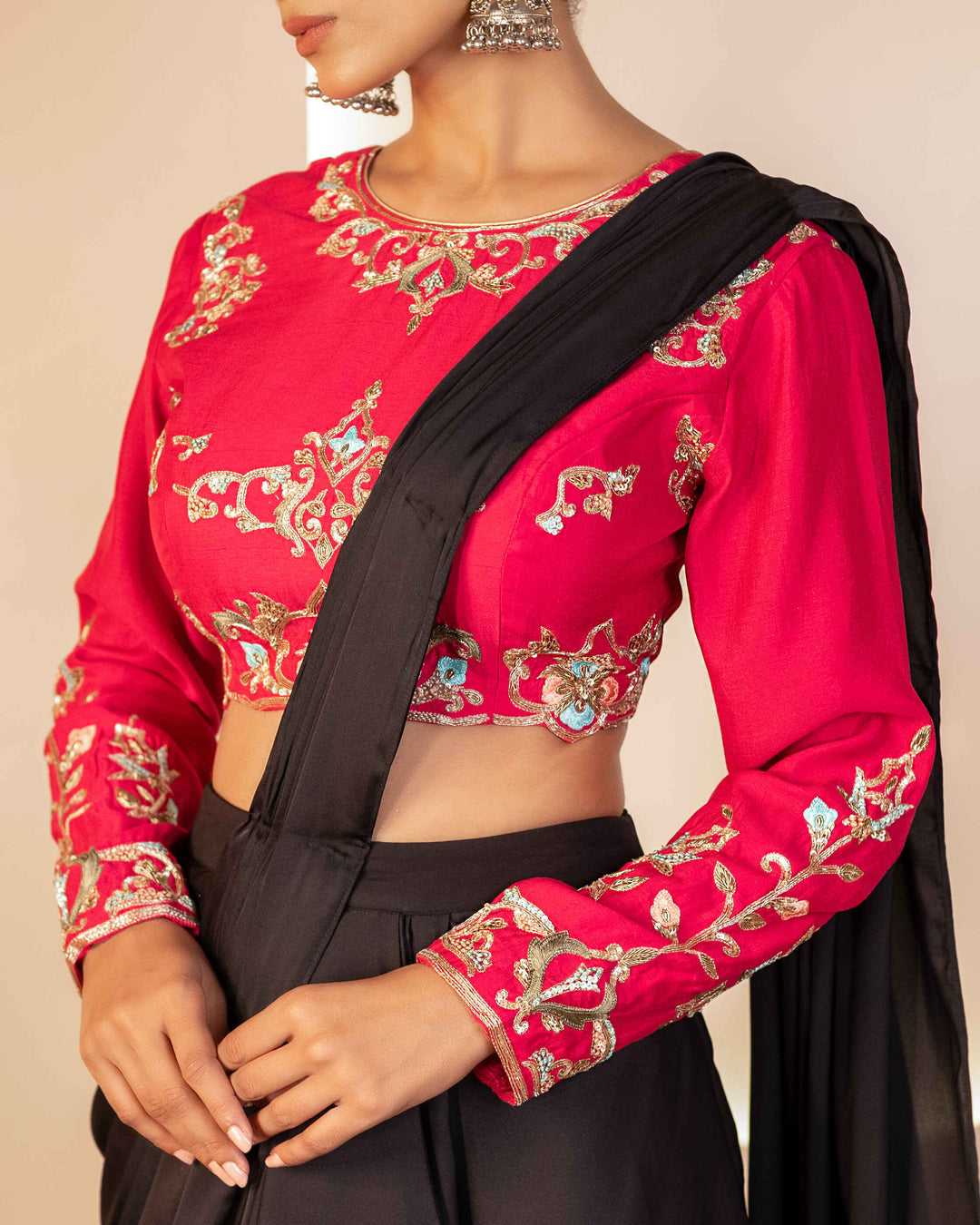 PINK DRAPE SAREE WITH EMBROIDERED BLOUSE & BELT