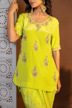 Lime Green Designer Embroidered Top and Drape Skirt Set
