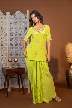 Lime Green Designer Embroidered Top and Drape Skirt Set