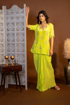 Lime Green Designer Embroidered Top and Drape Skirt Set