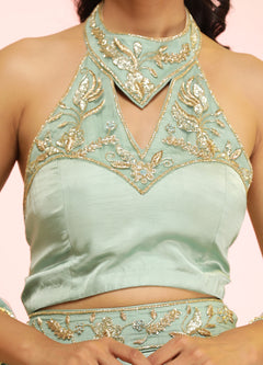 Mint Green Hand-Embroidered Blouse, Pant, and Dupatta Set
