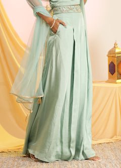 Mint Green Hand-Embroidered Blouse, Pant, and Dupatta Set