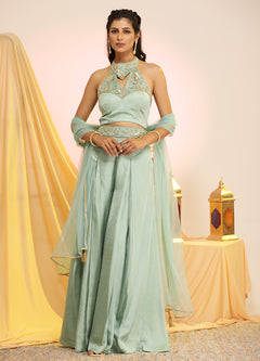 Mint Green Hand-Embroidered Blouse, Pant, and Dupatta Set