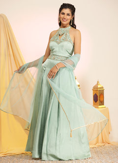 Mint Green Hand-Embroidered Blouse, Pant, and Dupatta Set