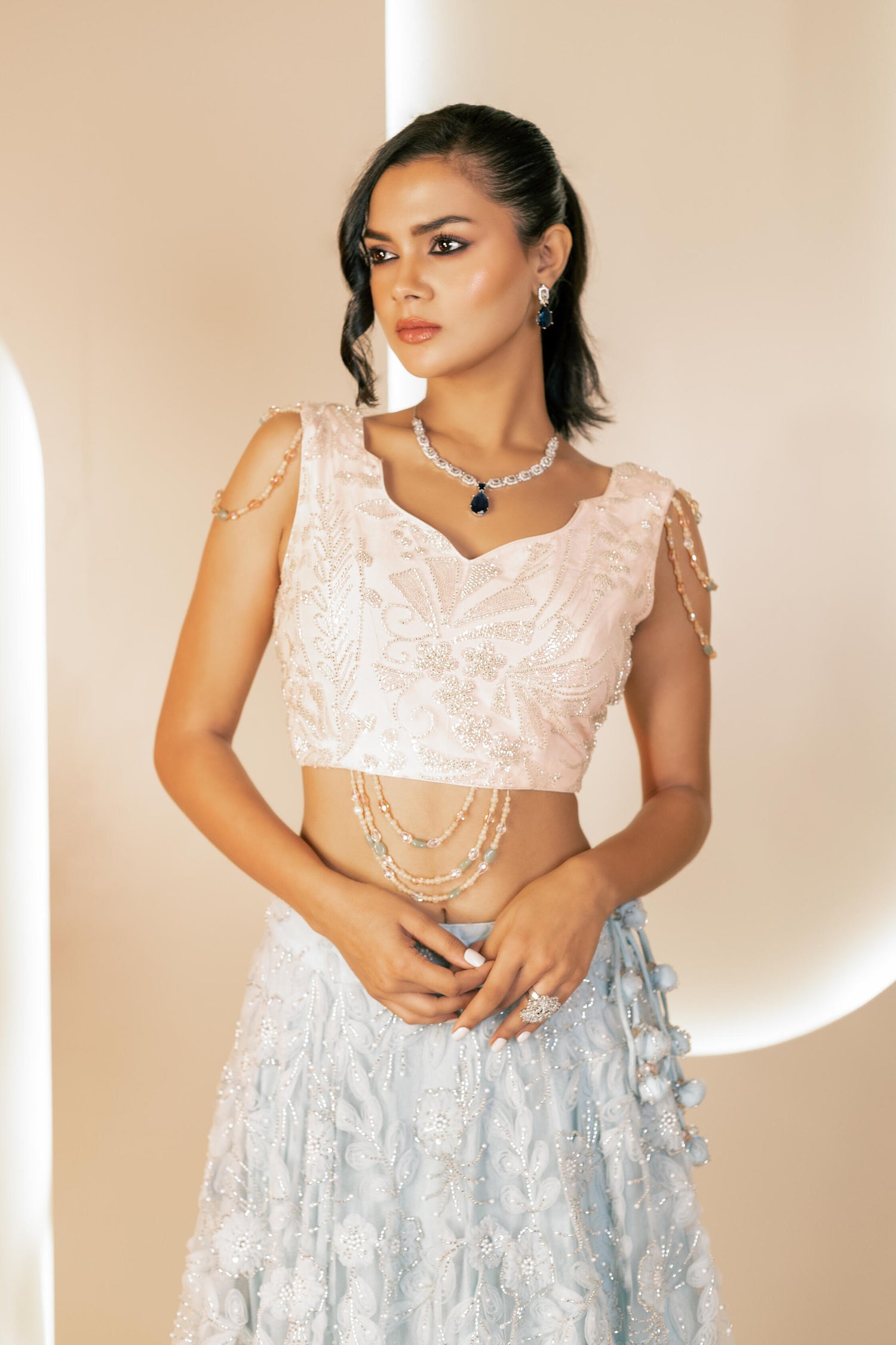 Mint Green and Peach Net Ensemble with 3D Embroidery