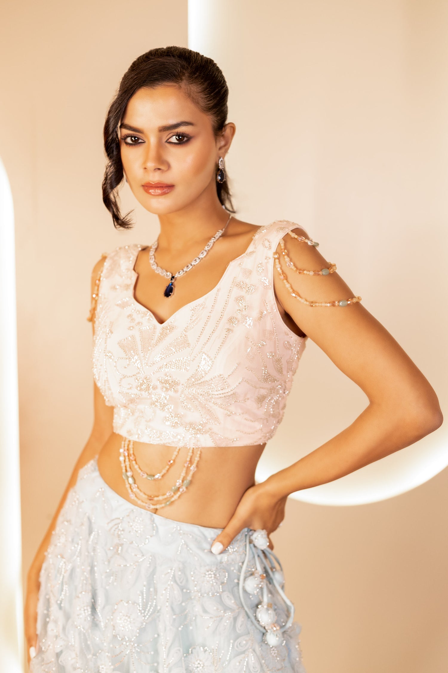 Mint Green and Peach Net Ensemble with 3D Embroidery