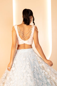 Mint Green and Peach Net Ensemble with 3D Embroidery