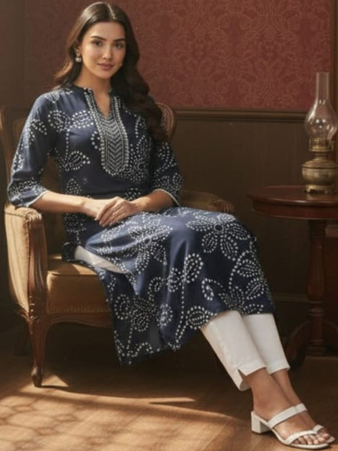 Bandhani Printed V-Neck Pure Cotton Kurti