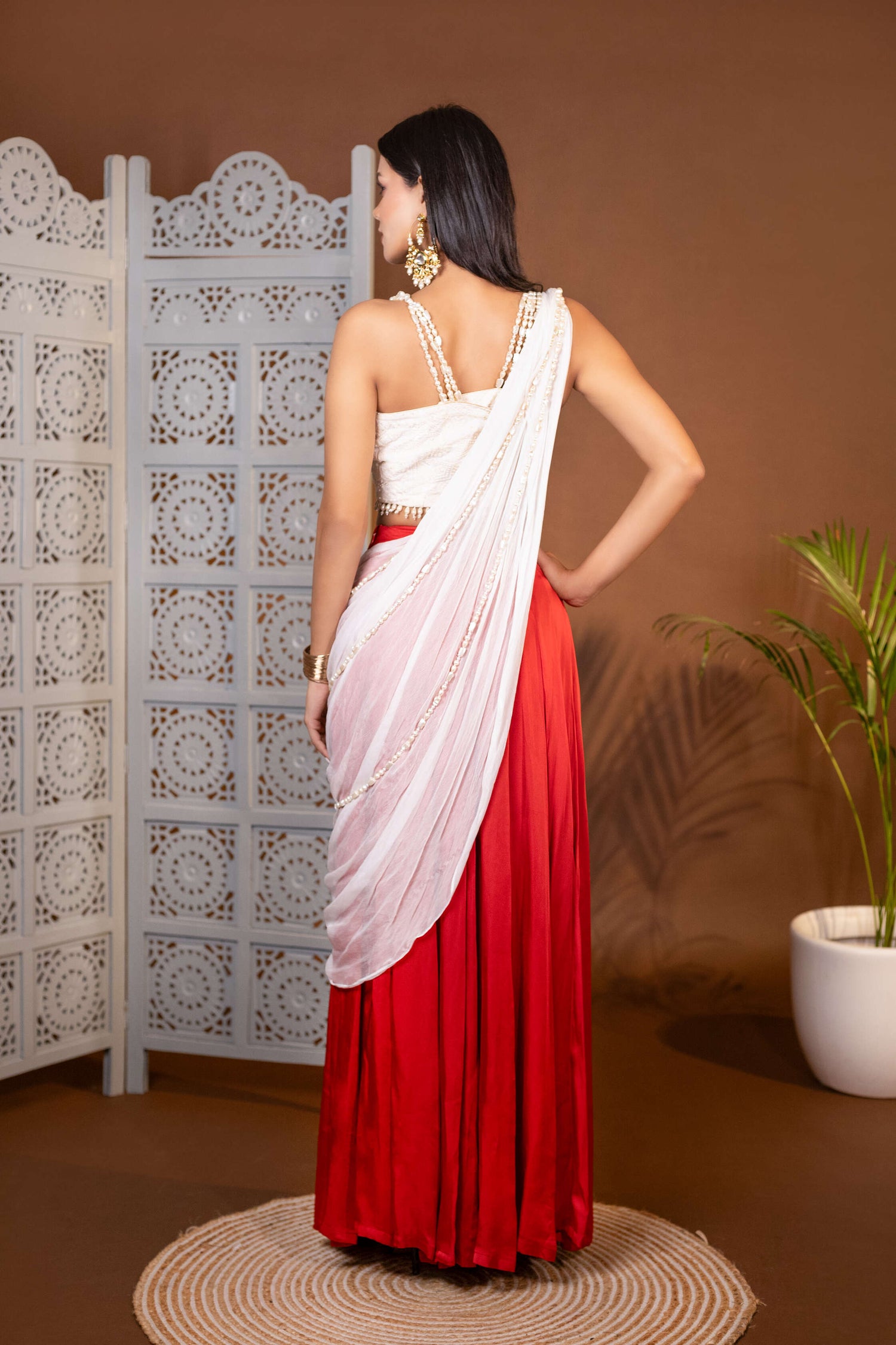 Off White and Red Hand-Embroidered Chikankari Blouse, Skirt, and Pearl Dupatta Set
