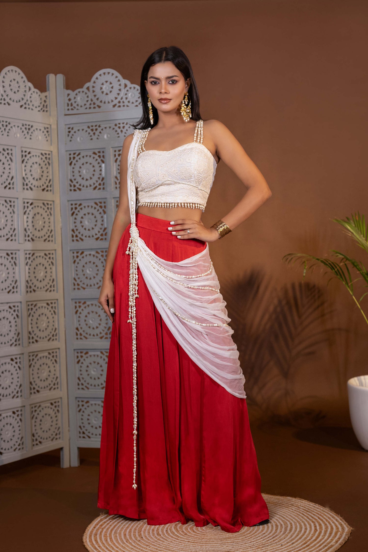 Off White and Red Hand-Embroidered Chikankari Blouse, Skirt, and Pearl Dupatta Set