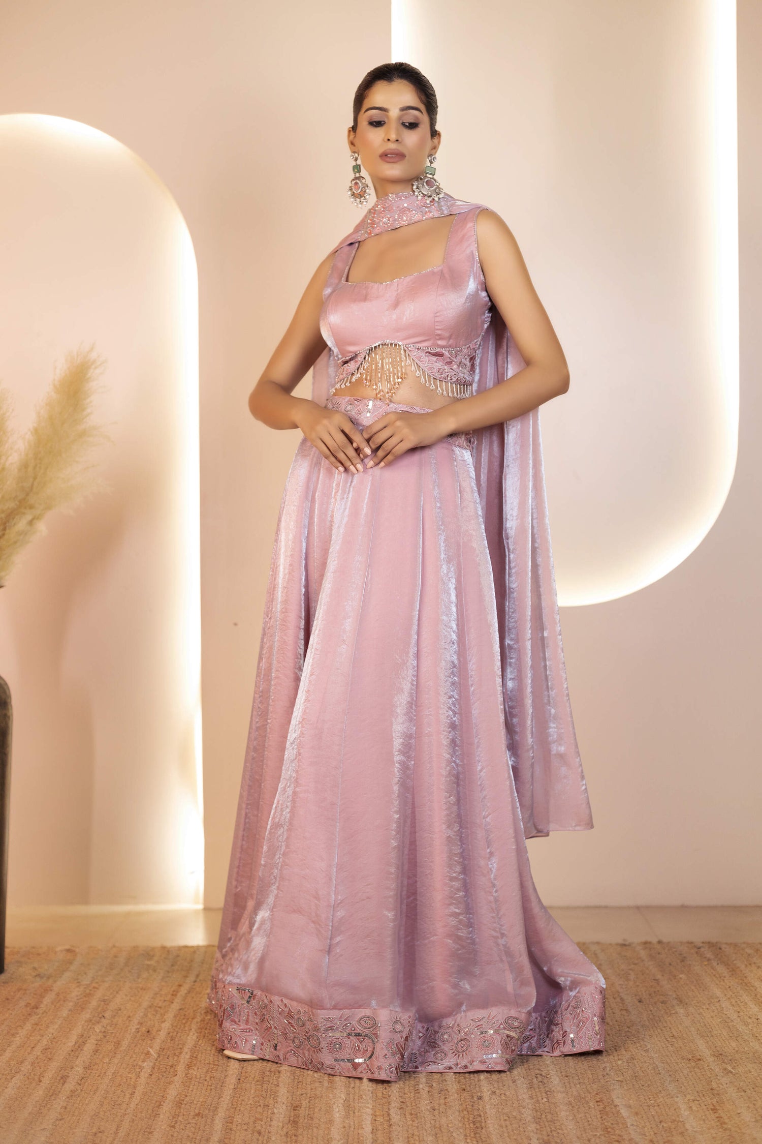 Dreamy Peach Organza Hand-Embroidered Lehenga Set