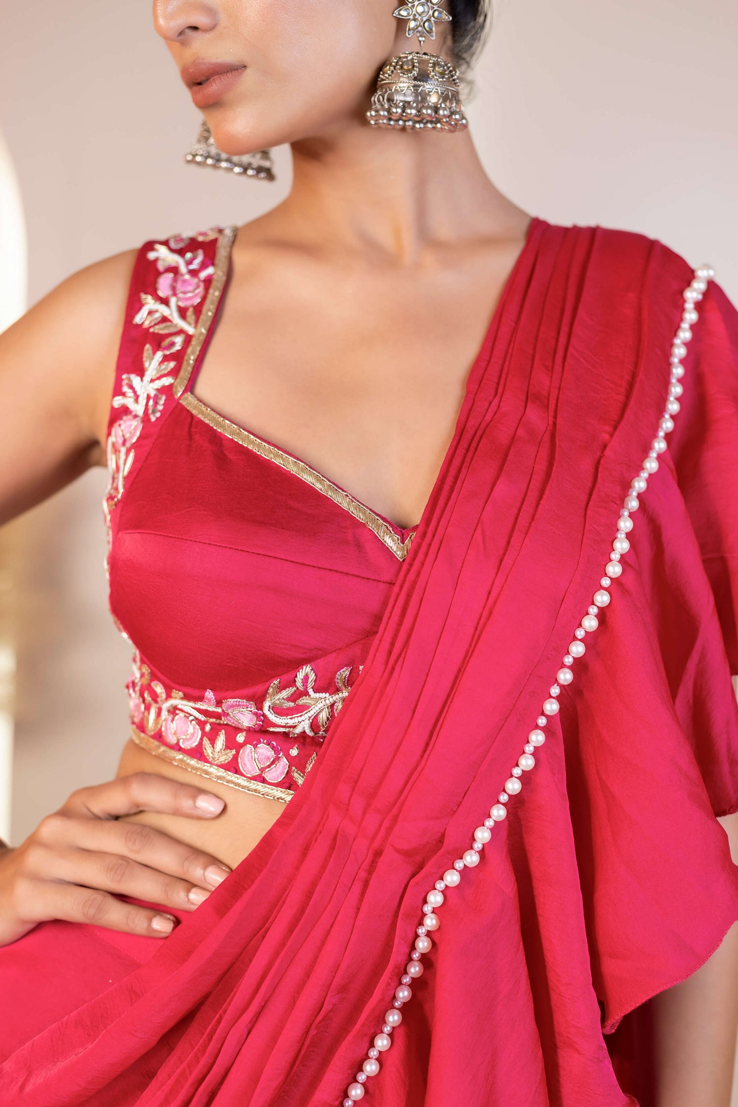 Pink and Black Hand-Embroidered Ruffle Drape Saree set