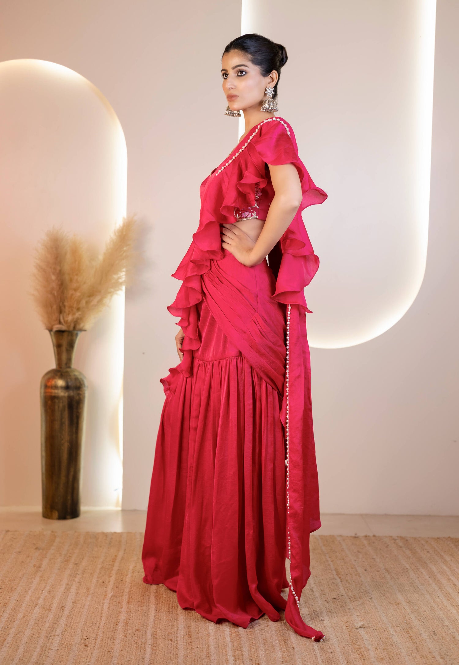 Pink and Black Hand-Embroidered Ruffle Drape Saree set