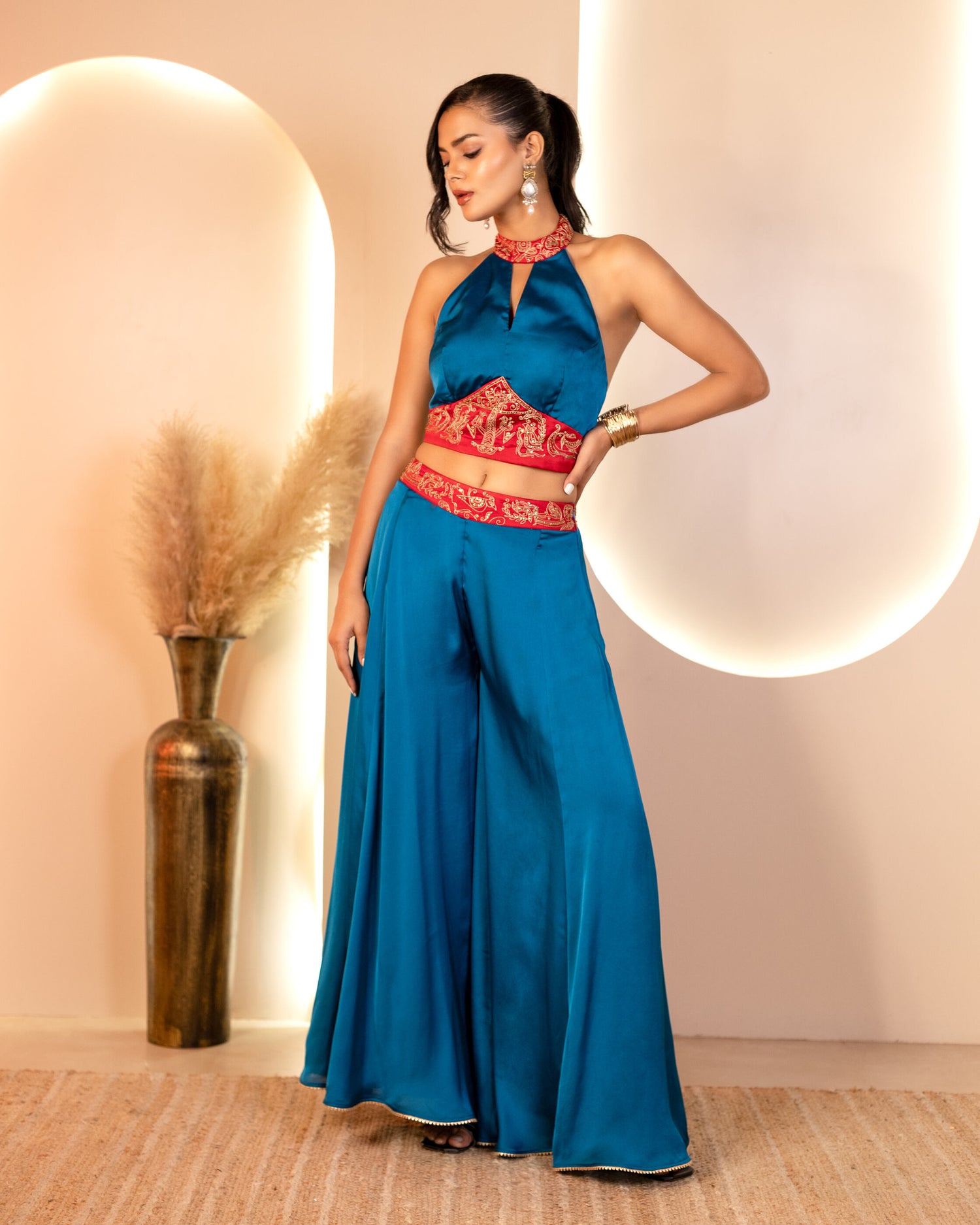 Royal Blue and Maroon Hand-Embroidered Halter neck blouse with flayered pant