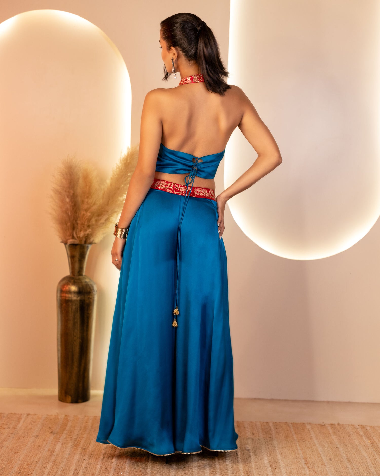 Royal Blue and Maroon Hand-Embroidered Halter neck blouse with flayered pant