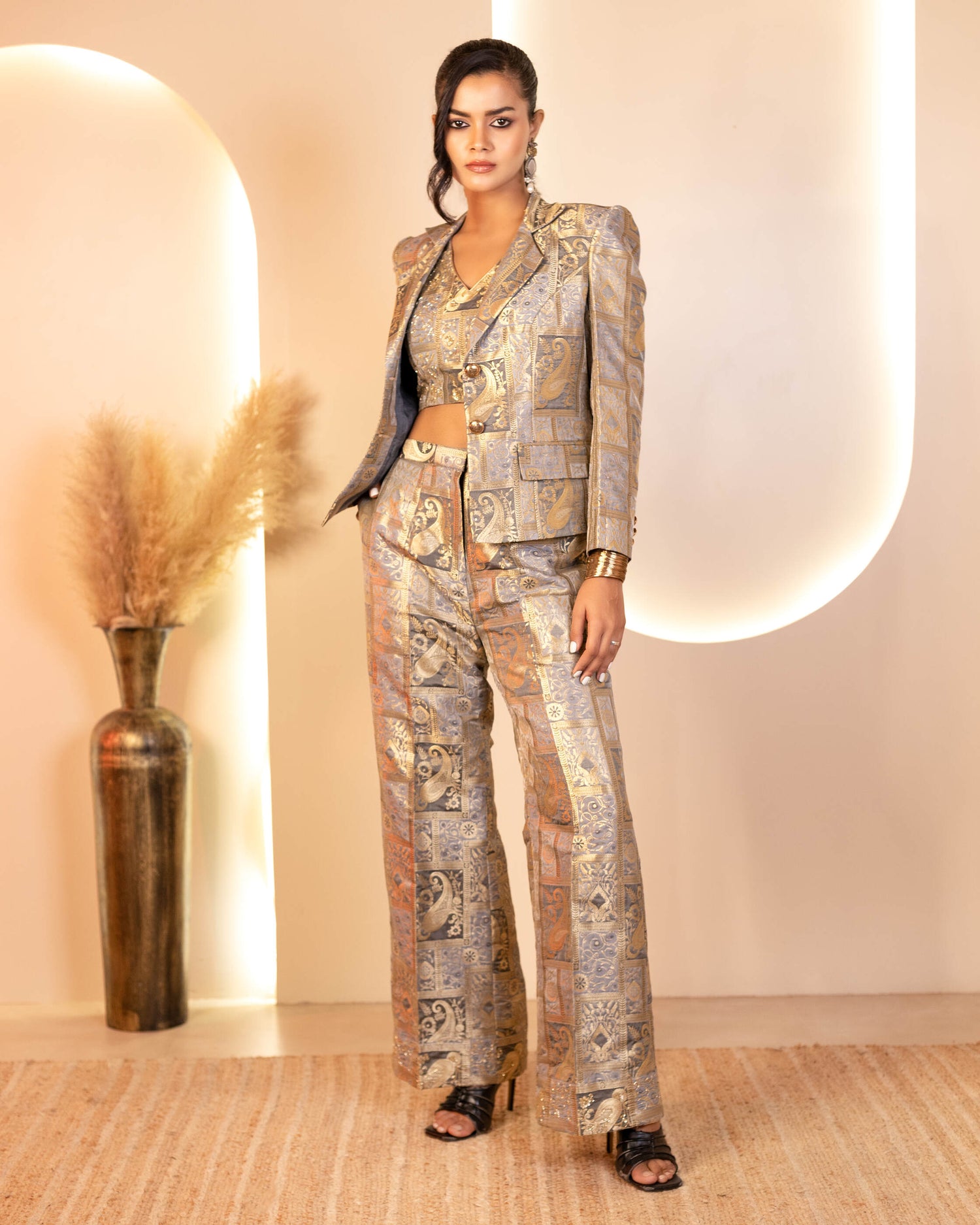 Luxurious Grey Brocade Pantsuit