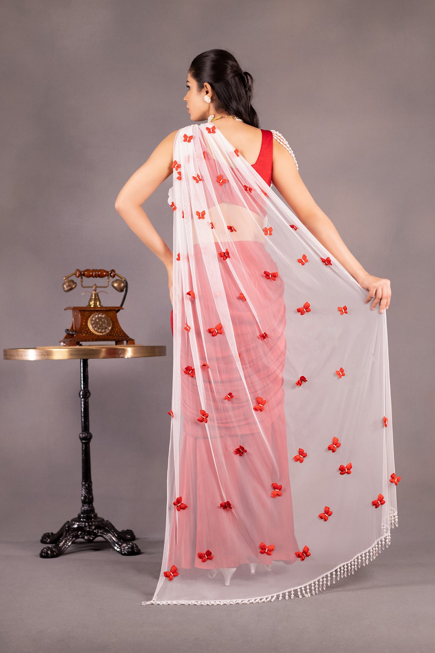 Floral Design Kaurwaki Silk Drape Dress with Butterfly Embellished Dupatta