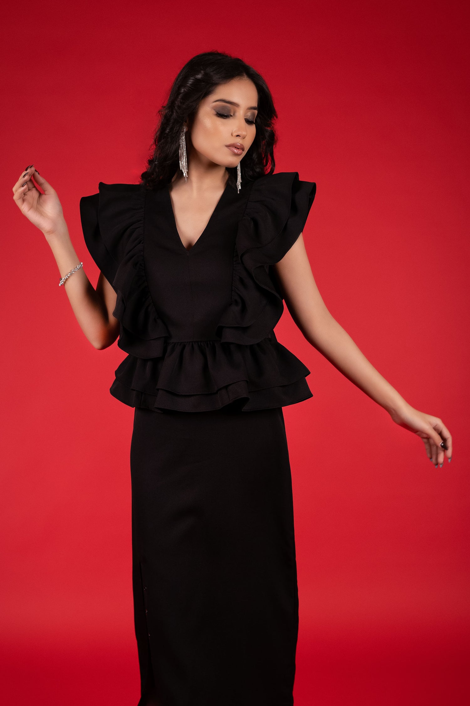 Classic V-Neck Black Ruffle Dress