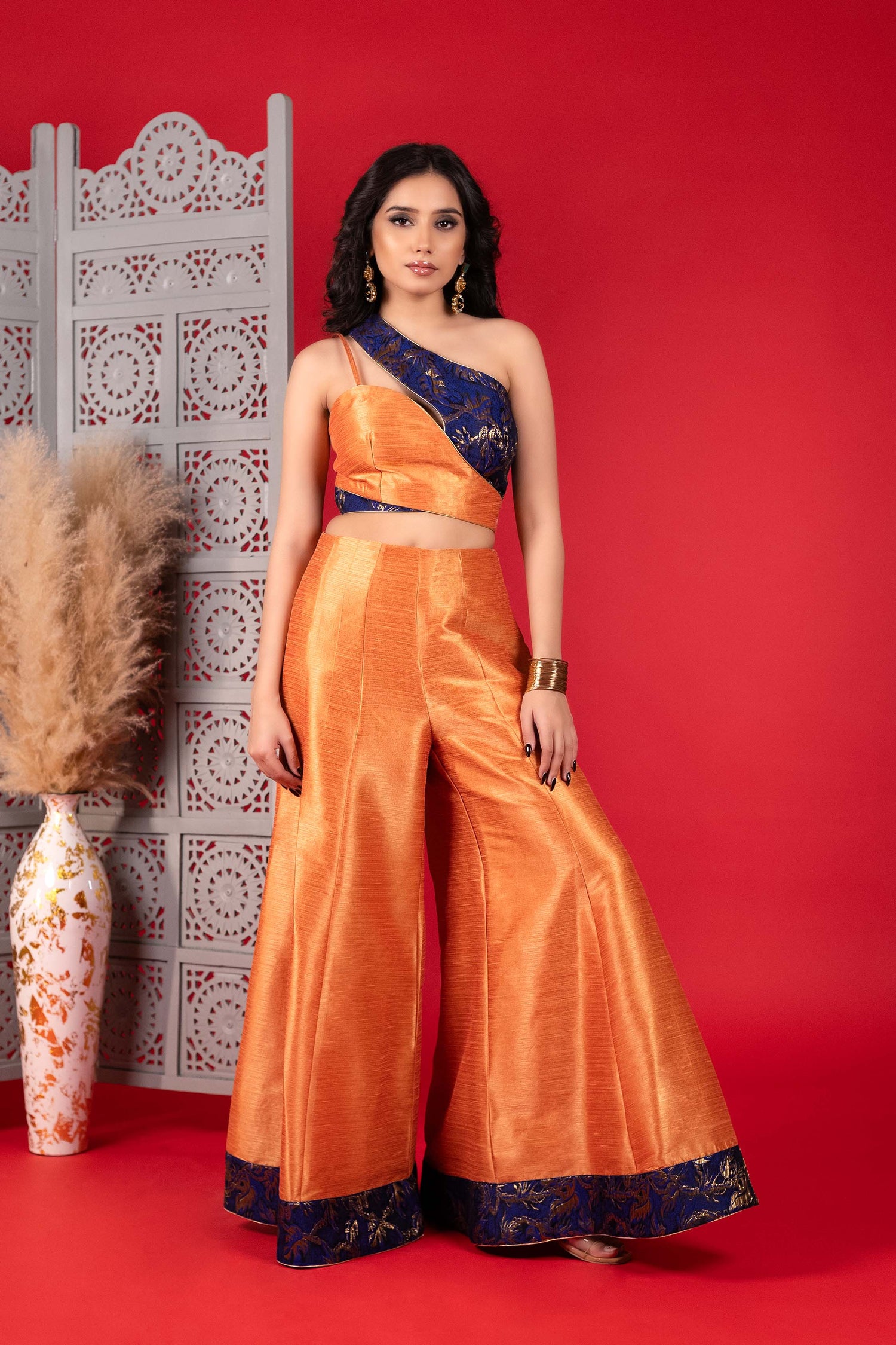 Blue Jacquard One-Shoulder Blouse with Orange Flared Pants