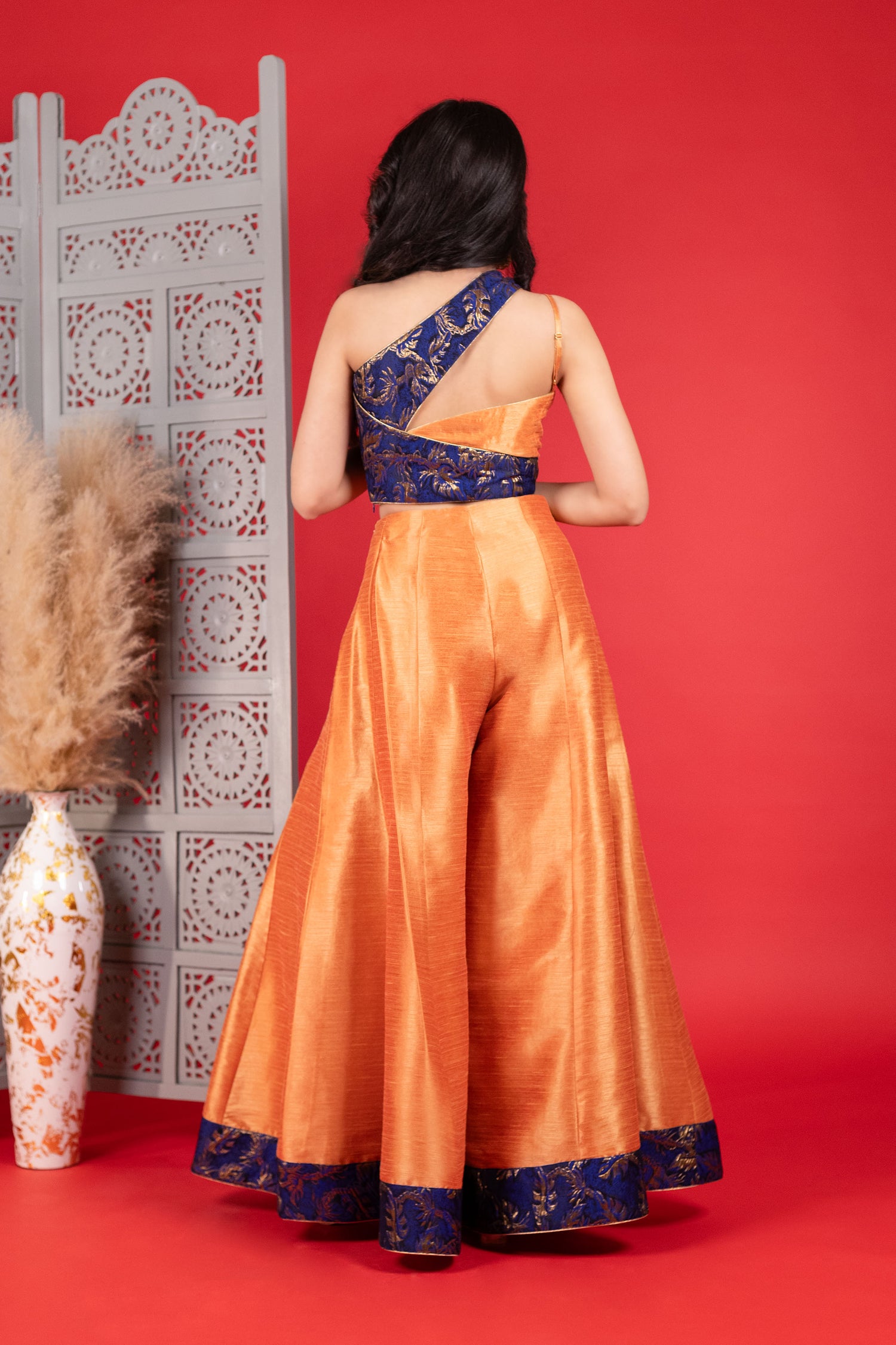 Blue Jacquard One-Shoulder Blouse with Orange Flared Pants