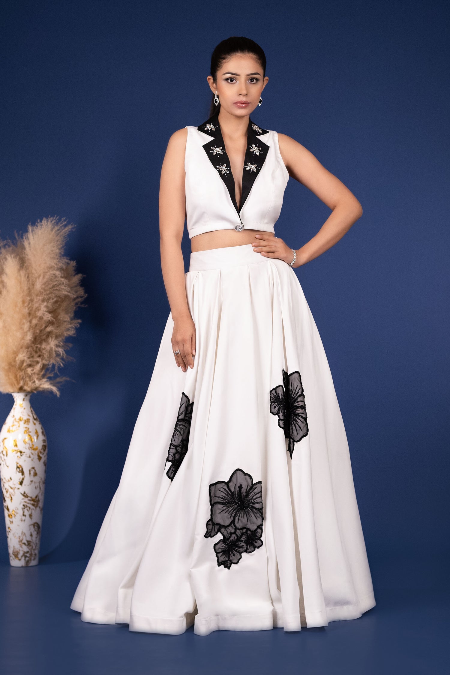 Embellished Sleeveless Waistcoat and Long Skirt with Flower Patches