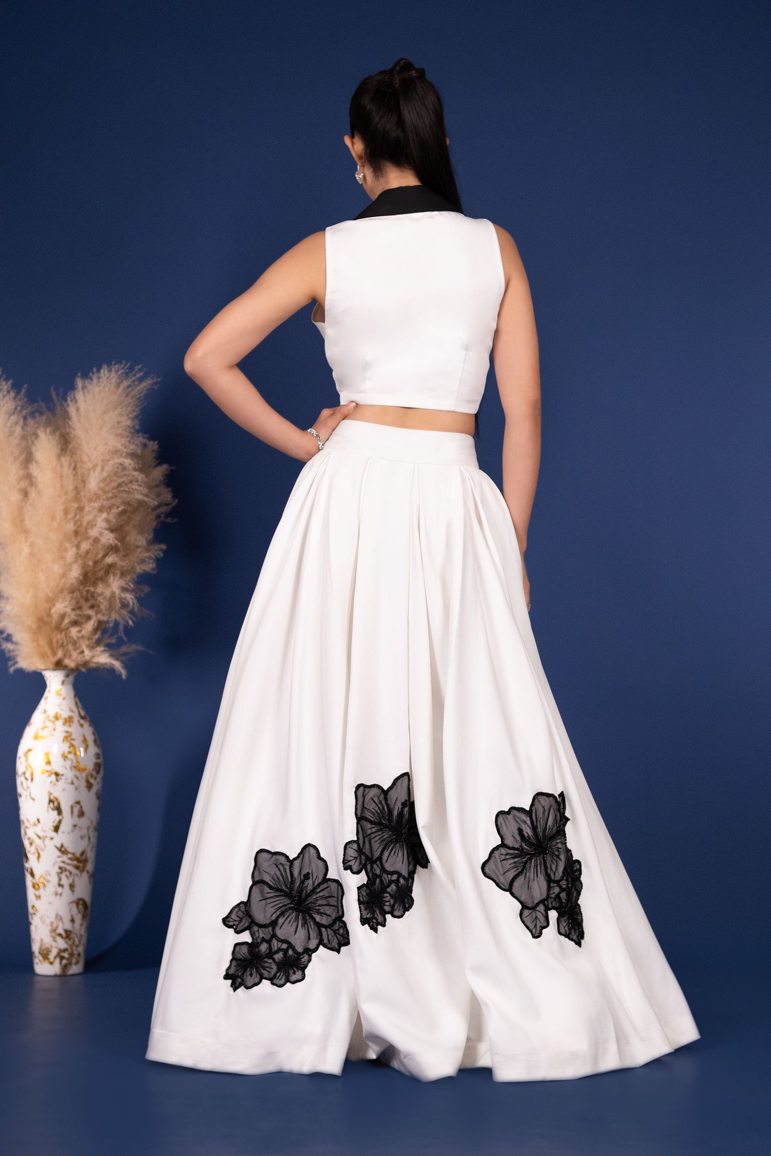 Embellished Sleeveless Waistcoat and Long Skirt with Flower Patches