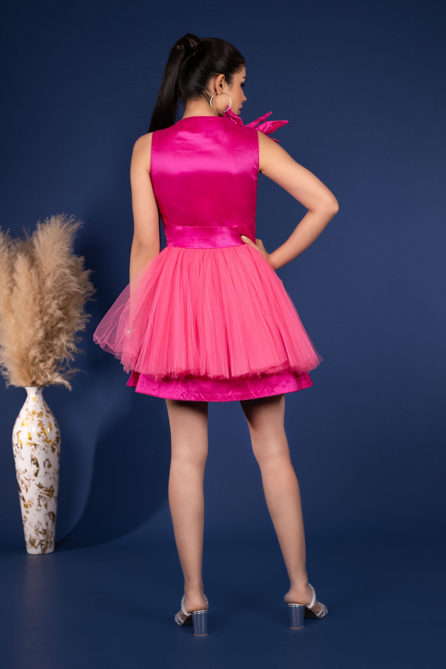 Bold Pink Gathered Fit-and-Flare Dress