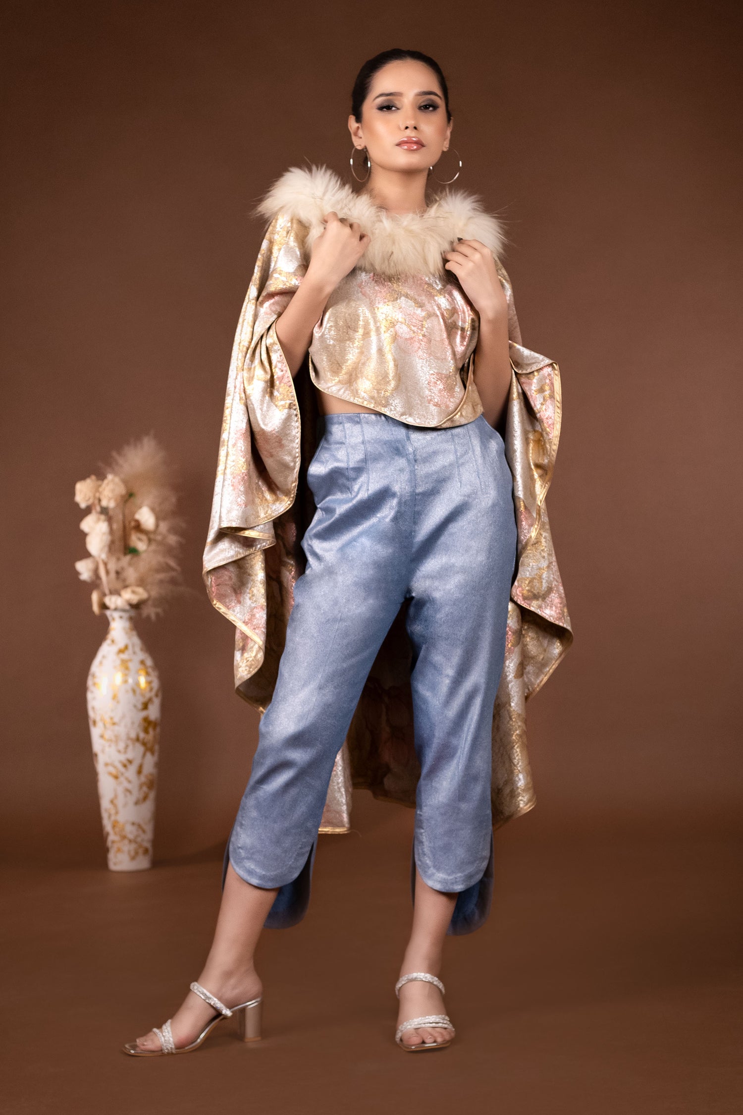 Stylish Fur Poncho with Shimmered Denim Pant and Blouse