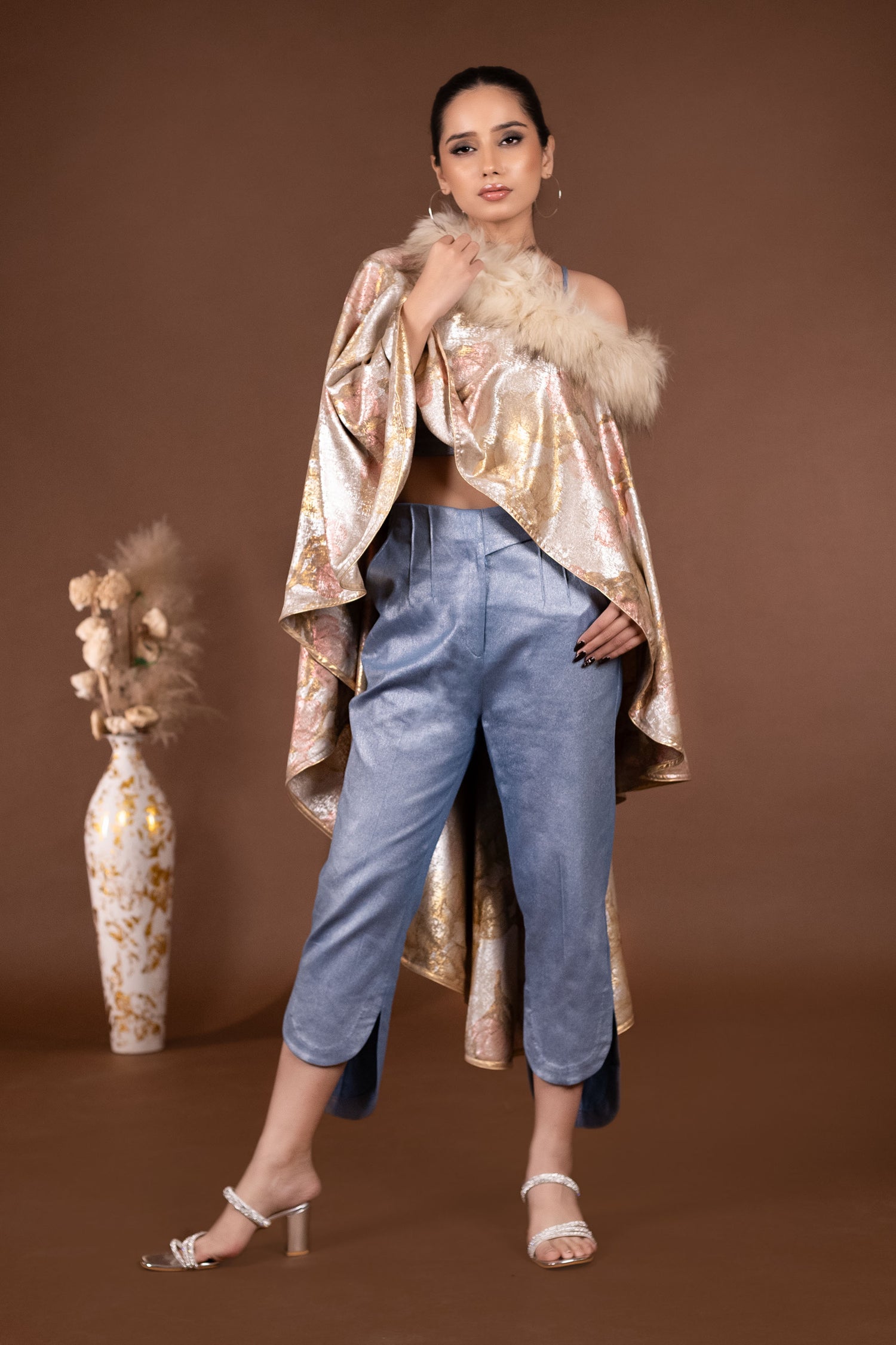 Stylish Fur Poncho with Shimmered Denim Pant and Blouse