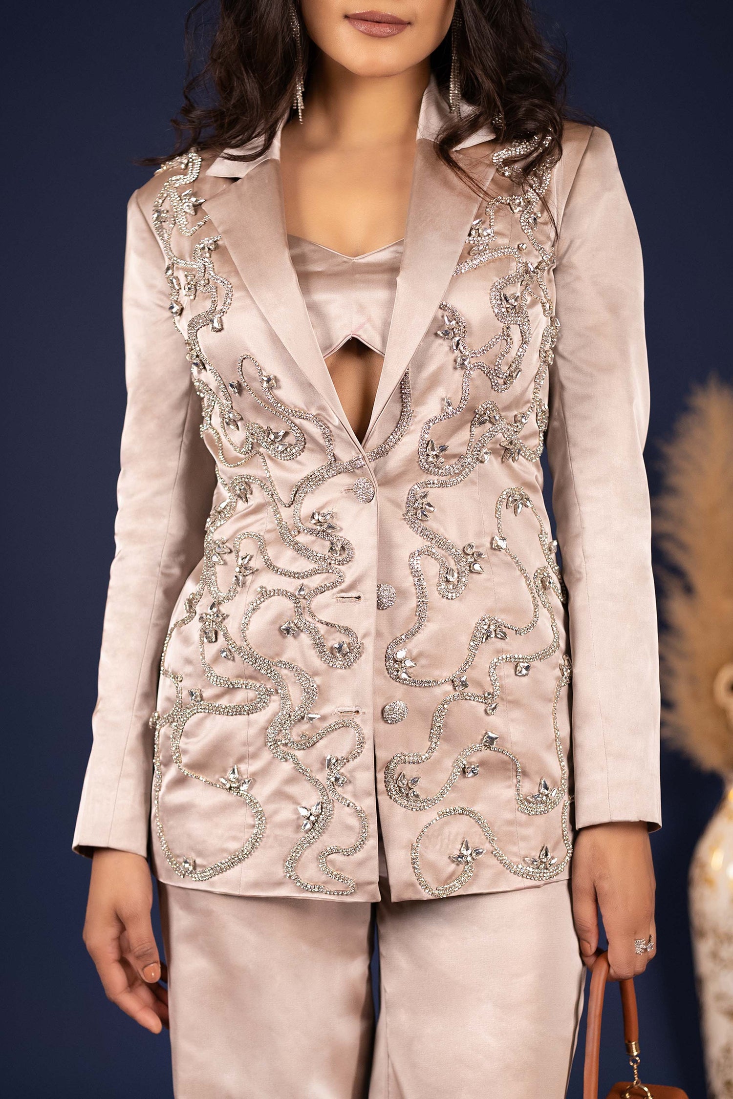 Rhinestone Embellised Biege Blazer Set