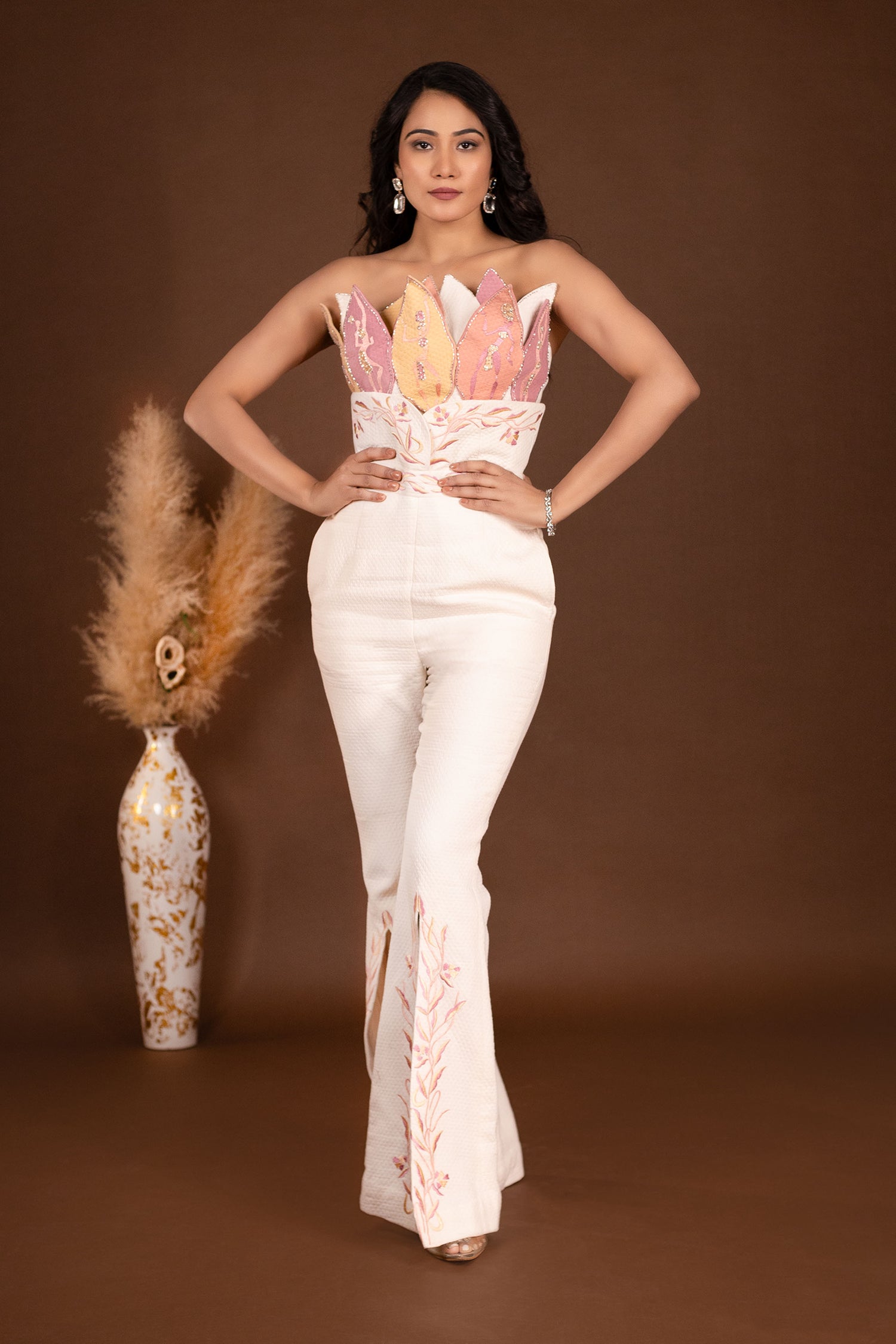 Ivory Pastel Leaf Patched Resham Embroidered Jumpsuit