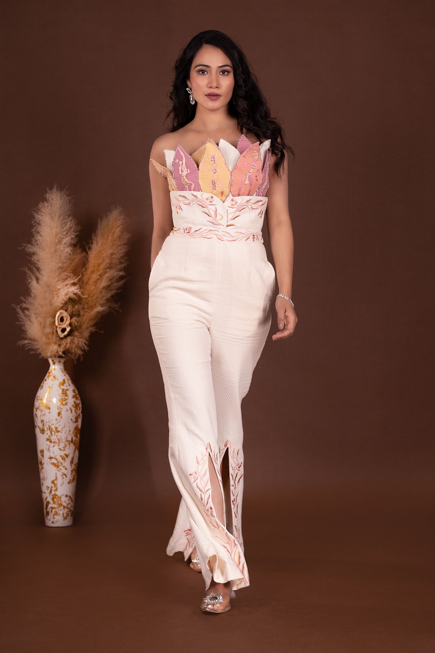 Ivory Pastel Leaf Patched Resham Embroidered Jumpsuit