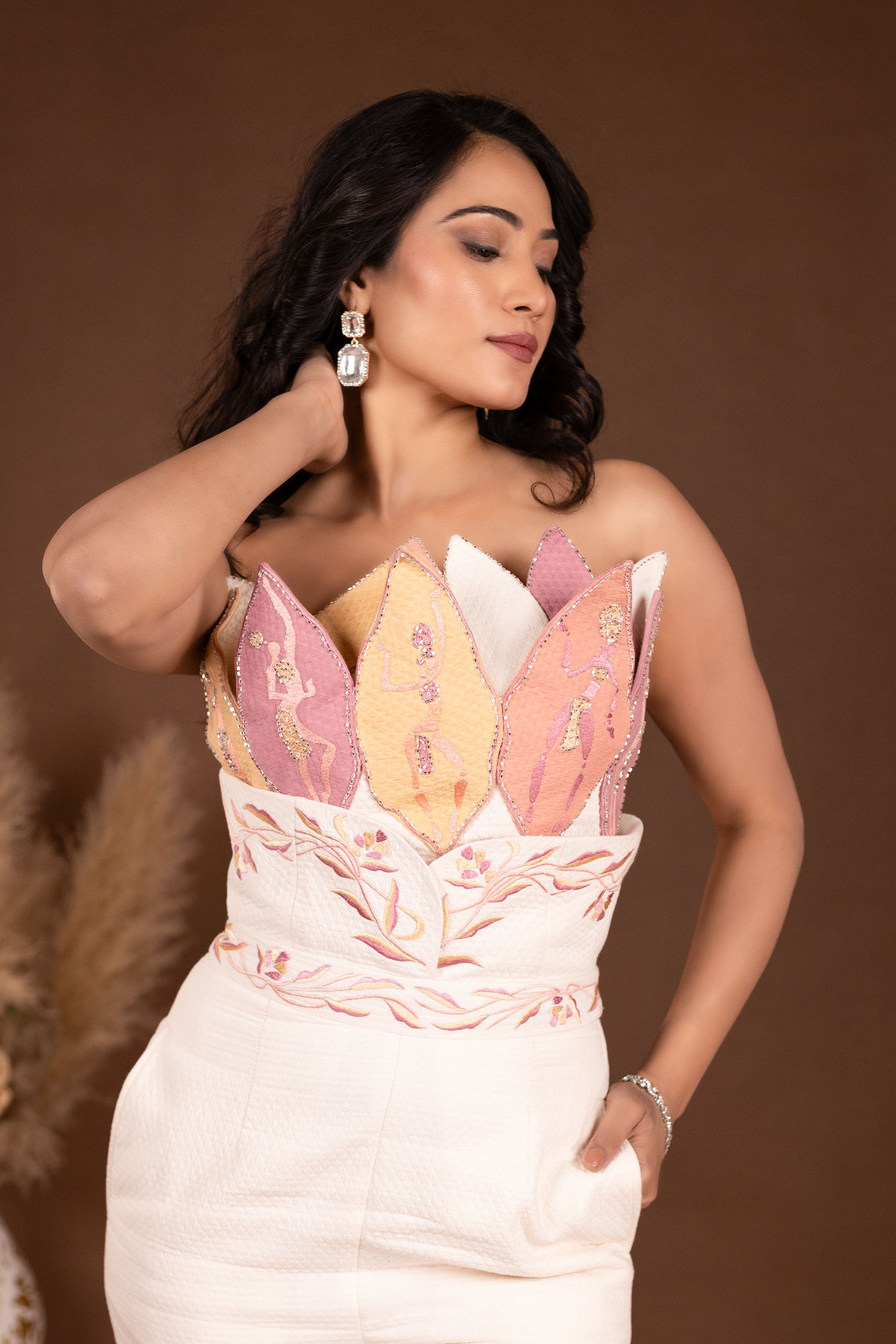 Ivory Pastel Leaf Patched Resham Embroidered Jumpsuit