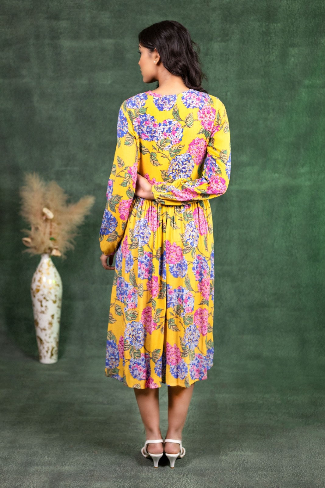 mustard midi dress with sleeves Mustard Bloom Tassel-Tie Midi Dress – The Behruz Theory