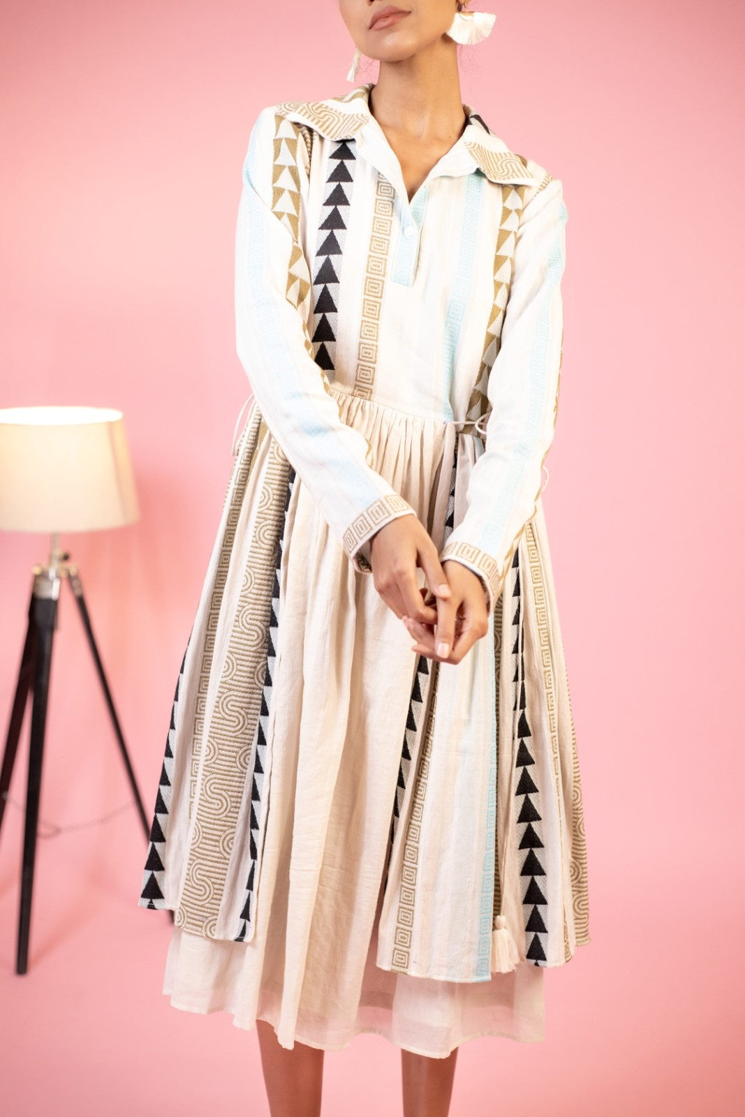 Cotton Stripe Gauze Geometric Motif Midi dresses