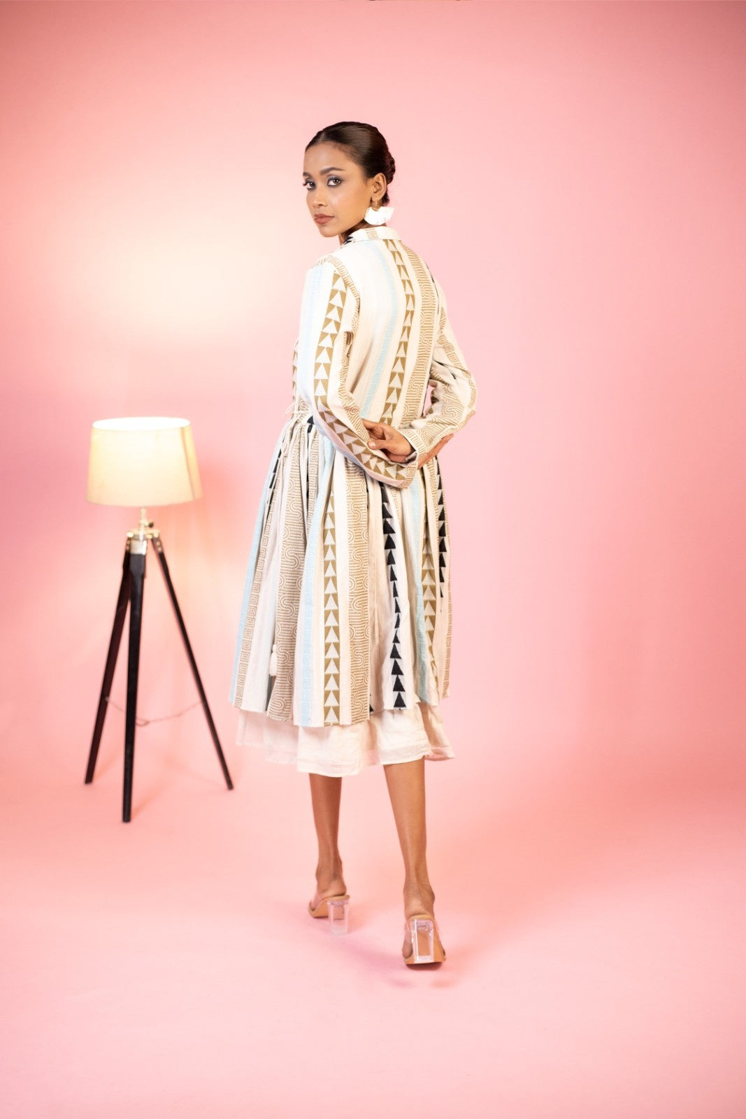 Cotton Stripe Gauze Geometric Motif Midi dresses
