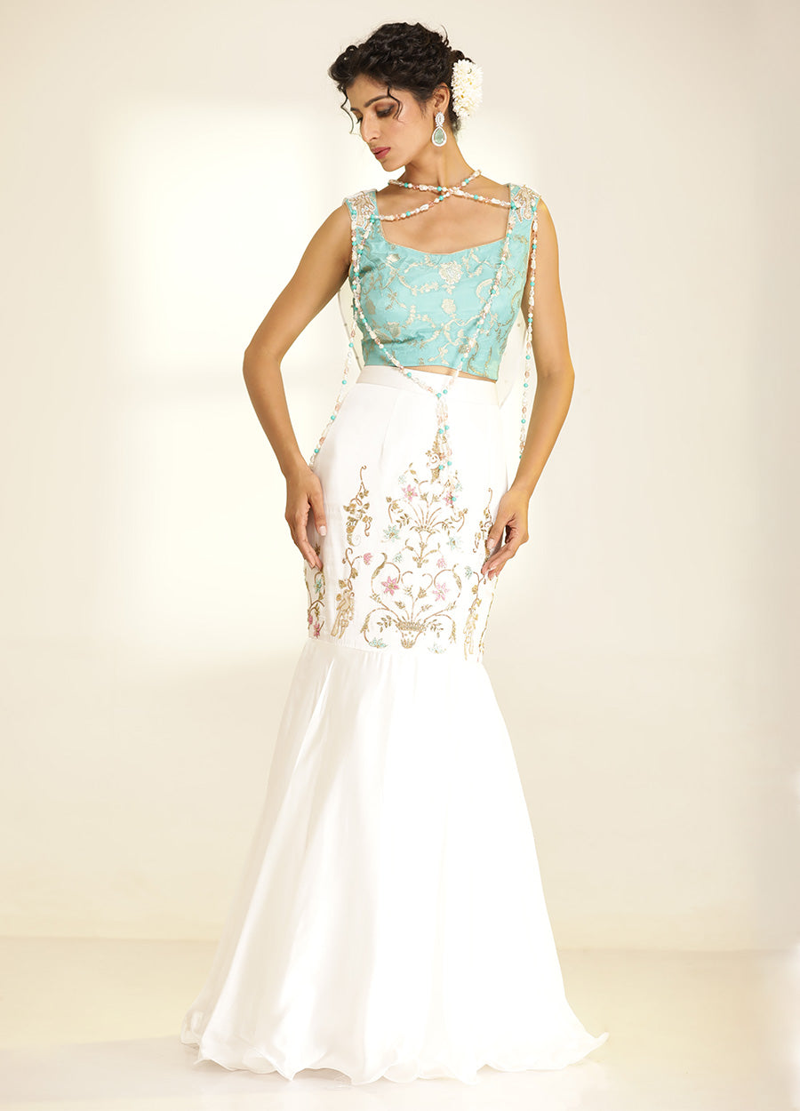 Teal and Ivory Hand-Embroidered Crepe Jacquard Lehenga Set