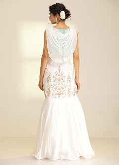 Teal and Ivory Hand-Embroidered Crepe Jacquard Lehenga Set