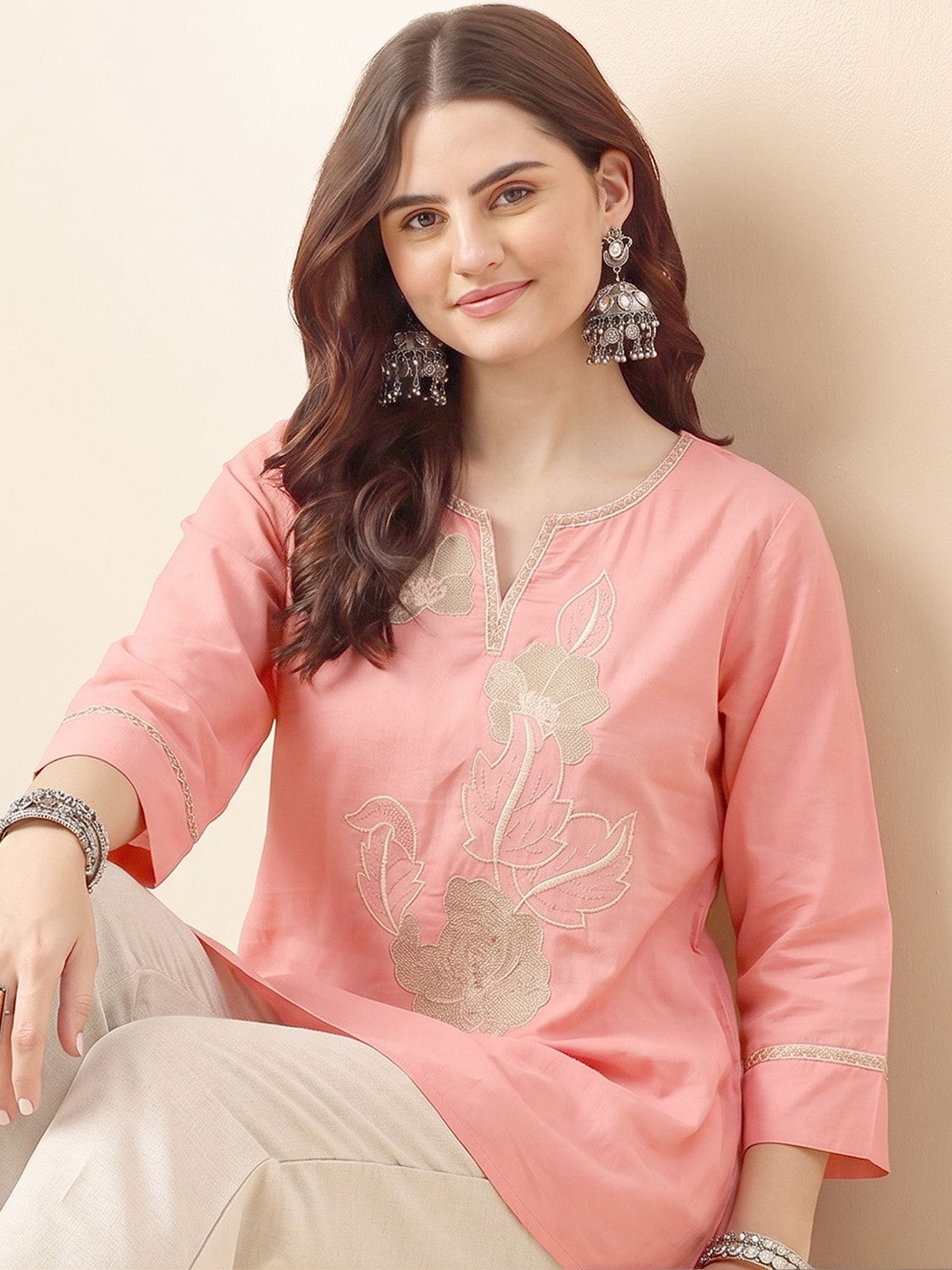 Floral Embroidered V-Neck Kurti