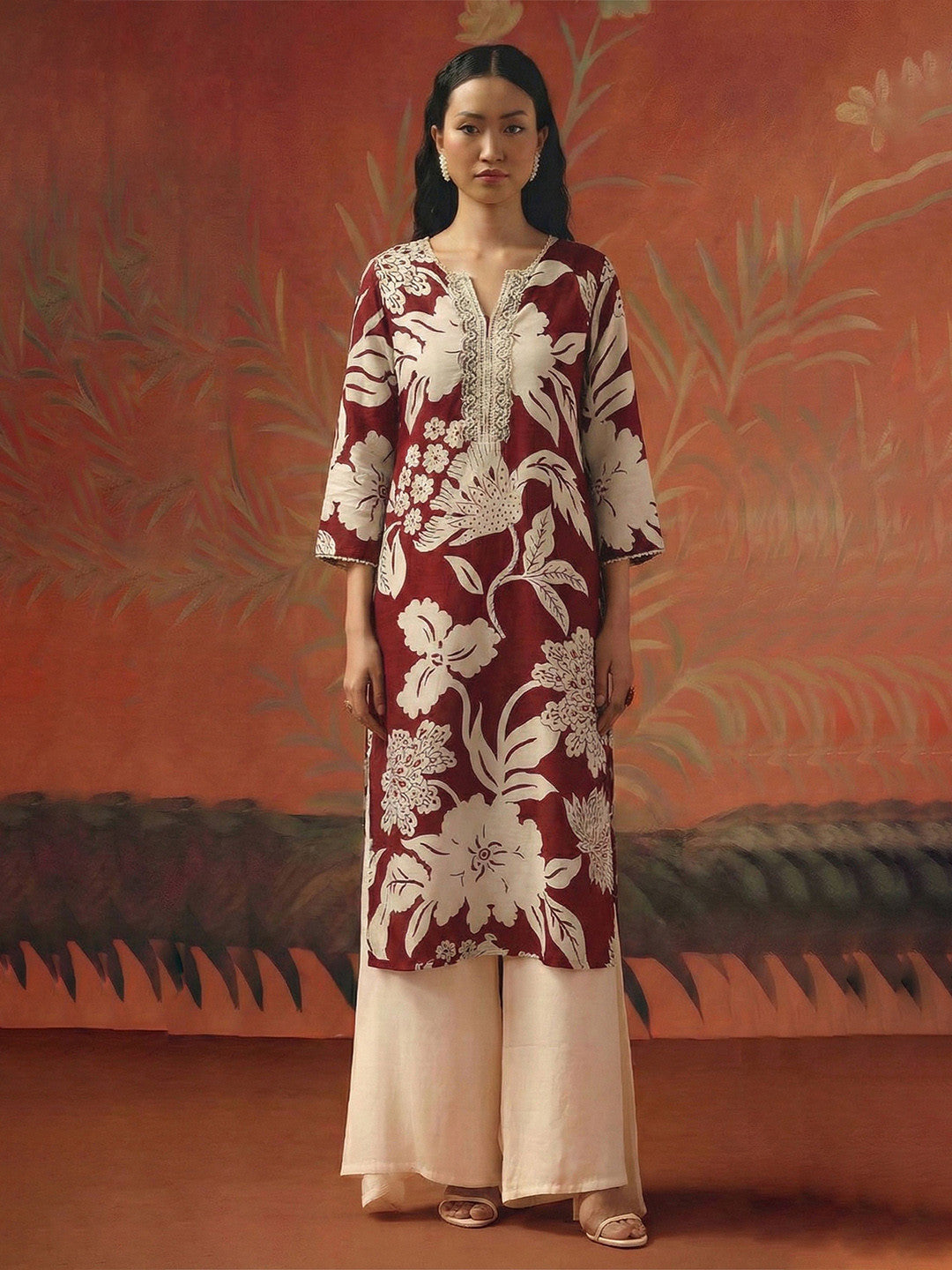 Floral Printed V-Neck Pure Cotton Kurti