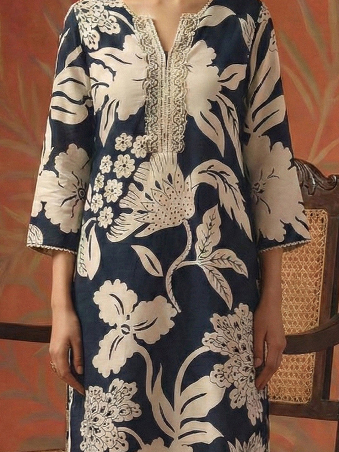 Floral Printed V-Neck Pure Cotton Kurti