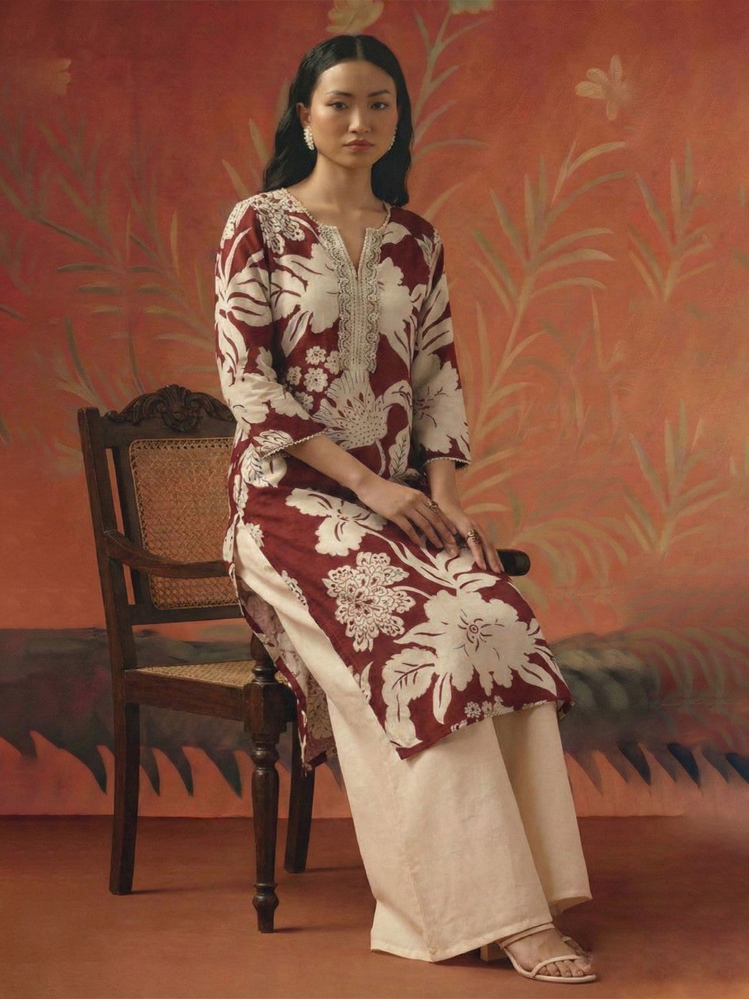 Floral Printed V-Neck Pure Cotton Kurti